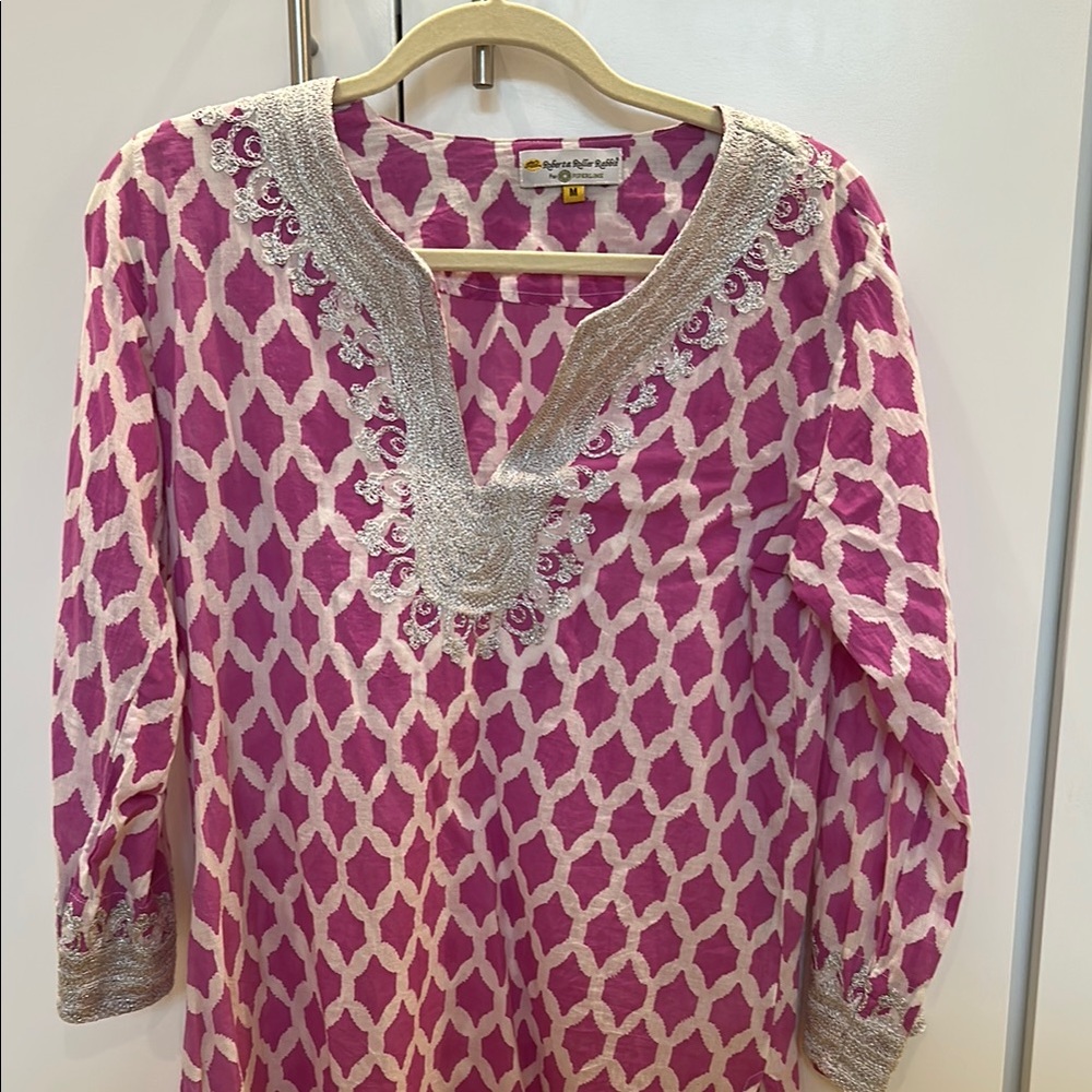 Pink and White Embroidered Women's Top